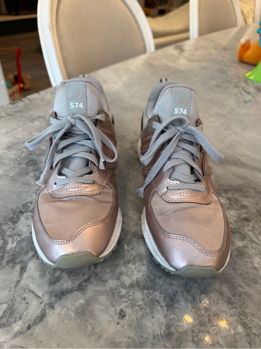 New Balance 574 Metallic Rose Sneakers in Grey Laces